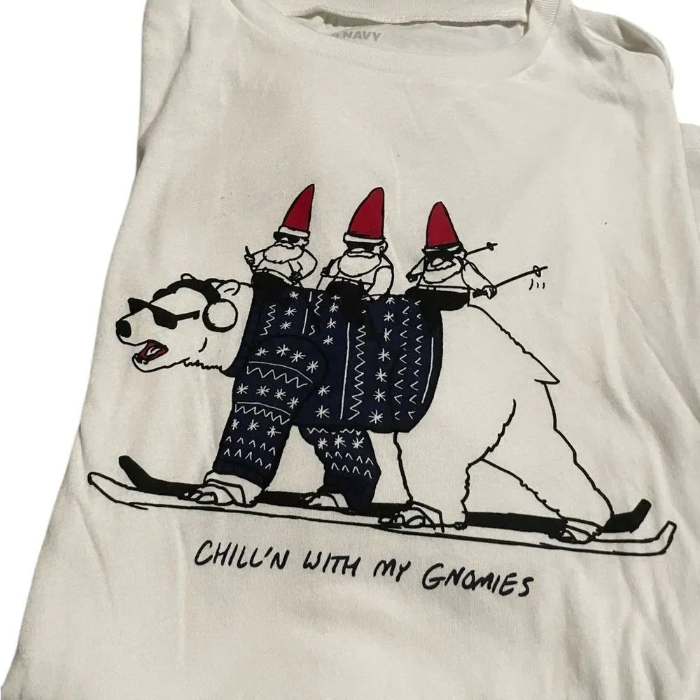 Old Navy White Graphic Tee with Skiing Polar Bear and Gnomes
